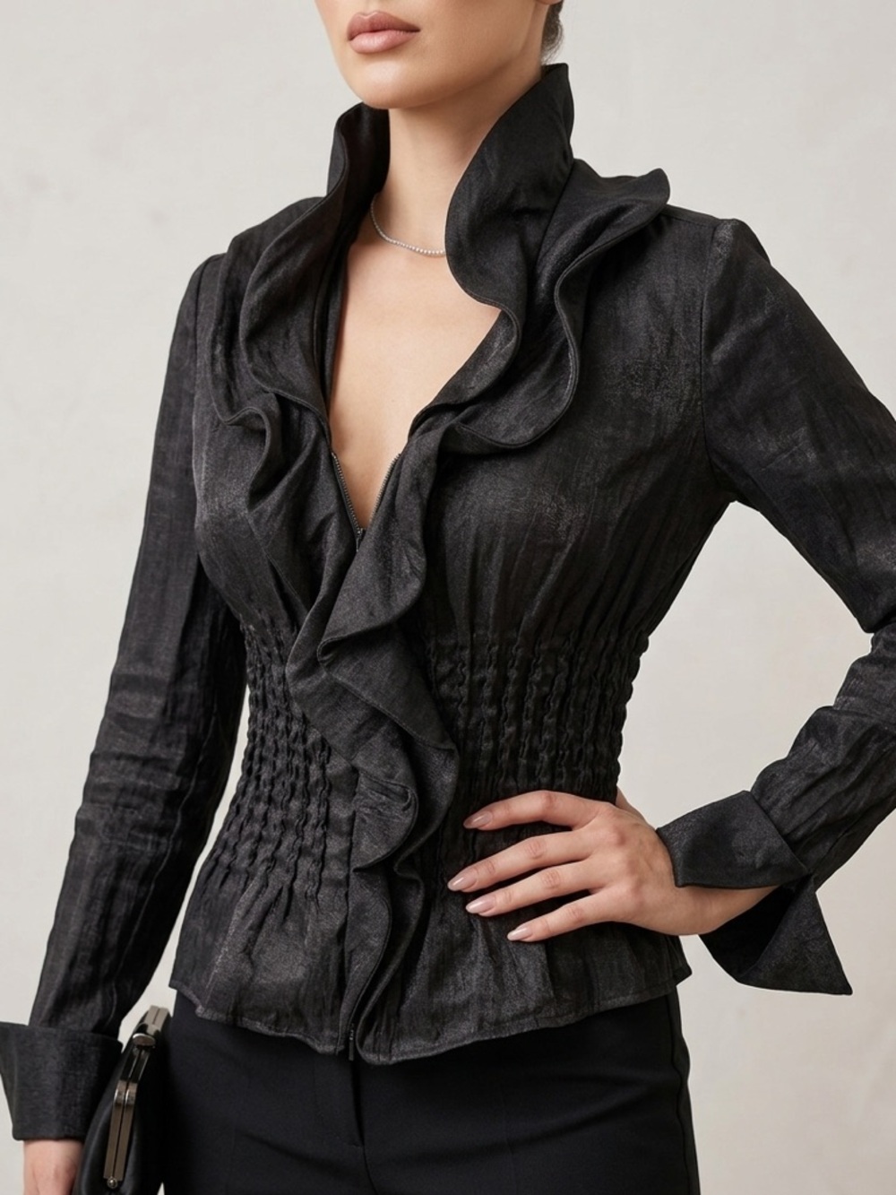 SAMUEL DONG Black Wired Ruffle Collar Smocked Waist Jacket
